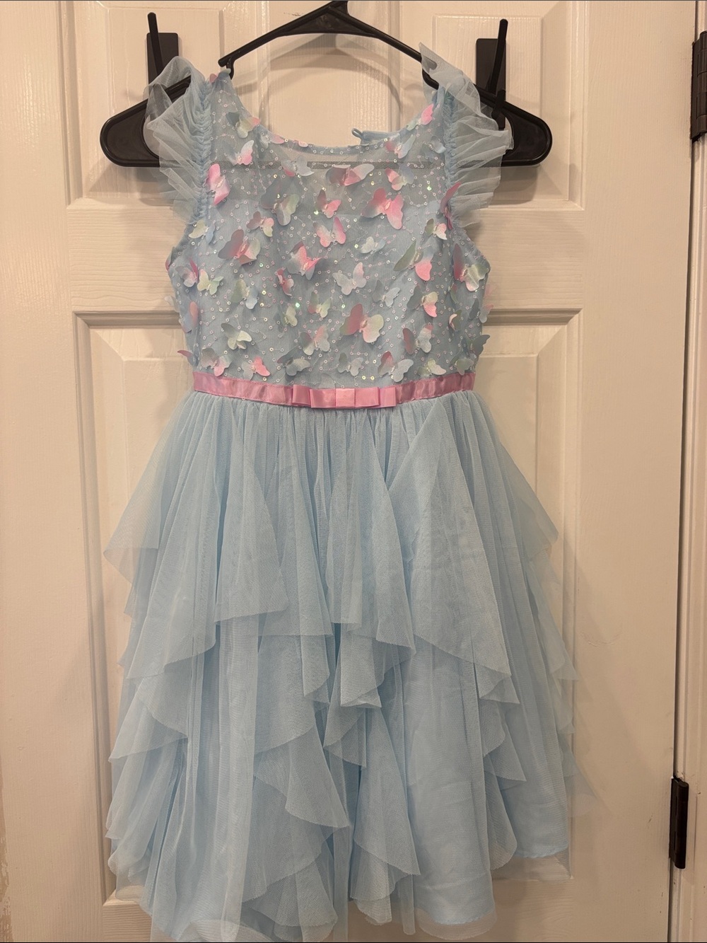 Jona Michelle Pale Blue Tulle Dress with Pink Ribbon & Butterfly Accents